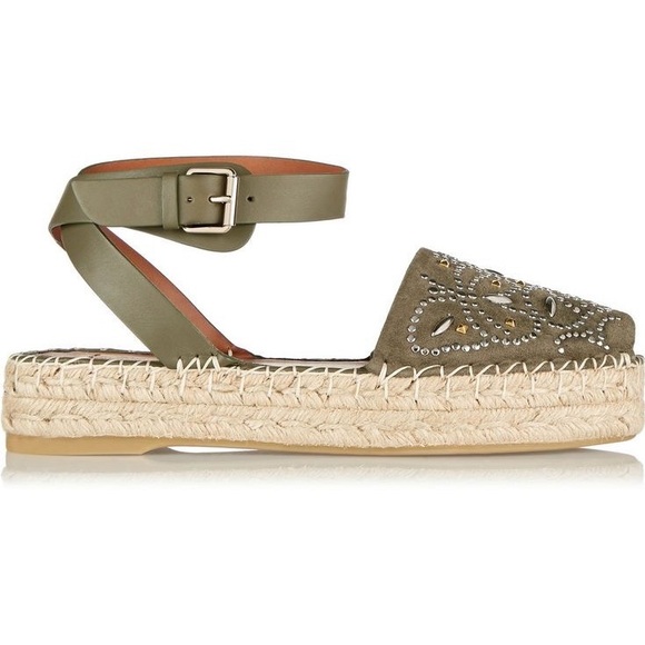 Valentino studded green suede and leather ankle-wrap espadrille sandal size 37
